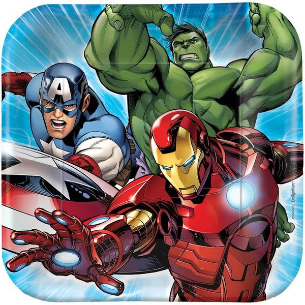 Square paper lunch plates featuring Marvel heroes, perfect for snacks at superhero-themed parties, pack of 8.
