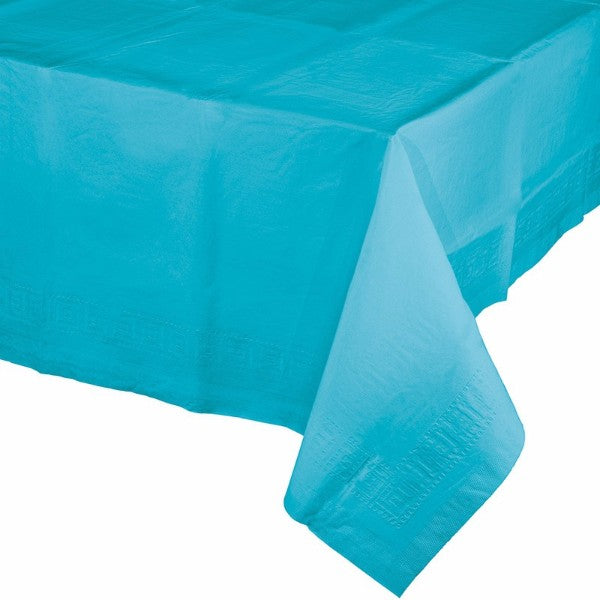 Vibrant Bermuda Blue plastic tablecover, 137cm x 274cm, perfect for protecting tables at events while adding a stylish touch.