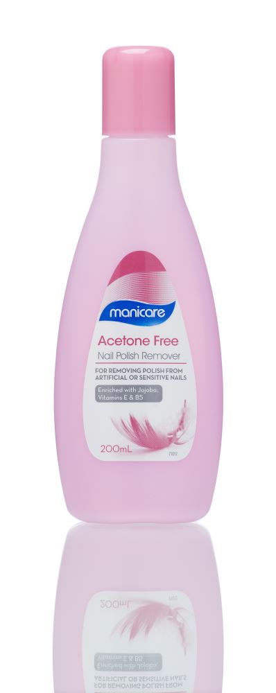 Manicare Acetone Free Nail Polish Remover 200mL bottle for gentle, effective polish removal without harsh chemicals.