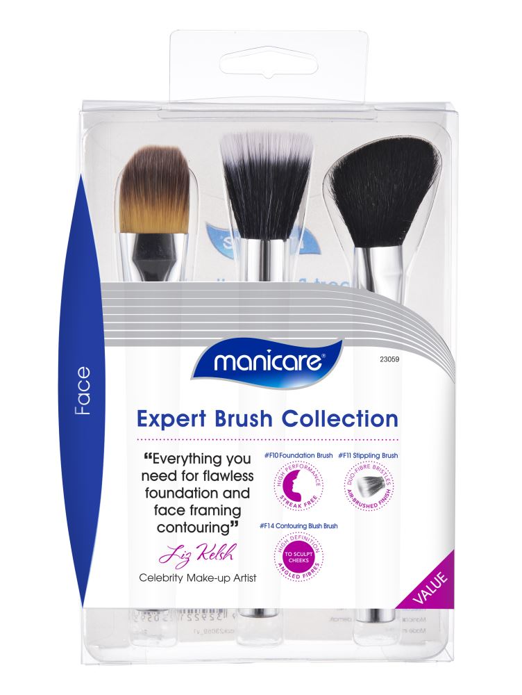 Manicare Face Make-Up Brush Kit: Essential brushes for flawless makeup application, including foundation, stippling, and contouring tools.
