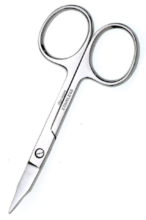 Curved stainless steel nail scissors with a satin finish, designed for precise and easy nail trimming at home.
