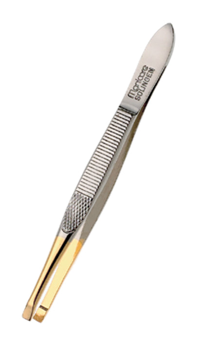 Manicare Flat Tweezers with gold tips, featuring stainless steel, precision grips, perfect for eyebrow shaping and hair removal.
