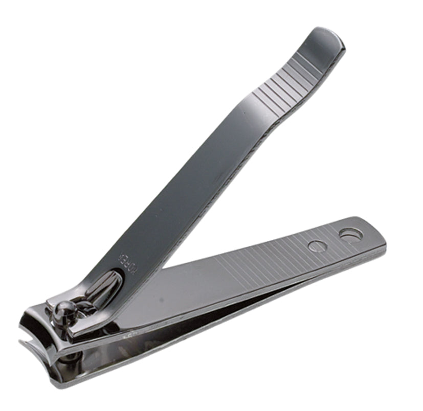 Chrome plated toenail clippers with curved edges and fold-out nail file for precise trimming and grooming.
