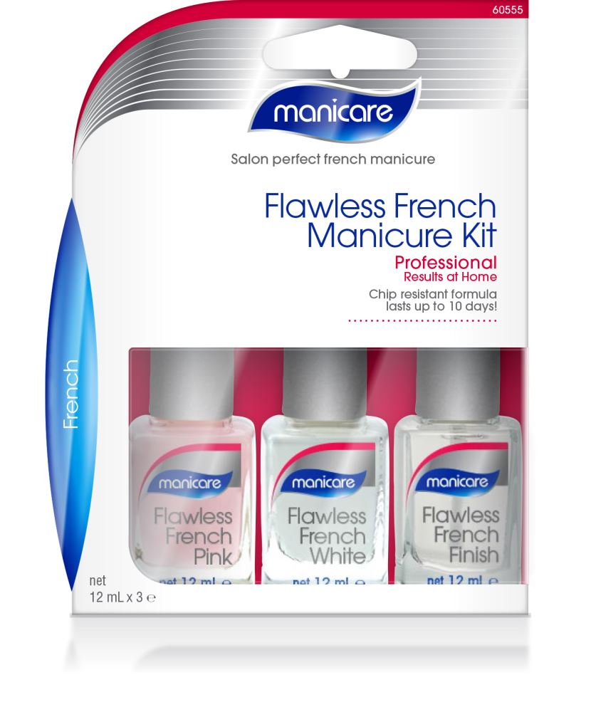 Flawless French Manicure Kit by Manicare with polishes, tapes for perfect tips, and a formaldehyde-free formula for easy use.