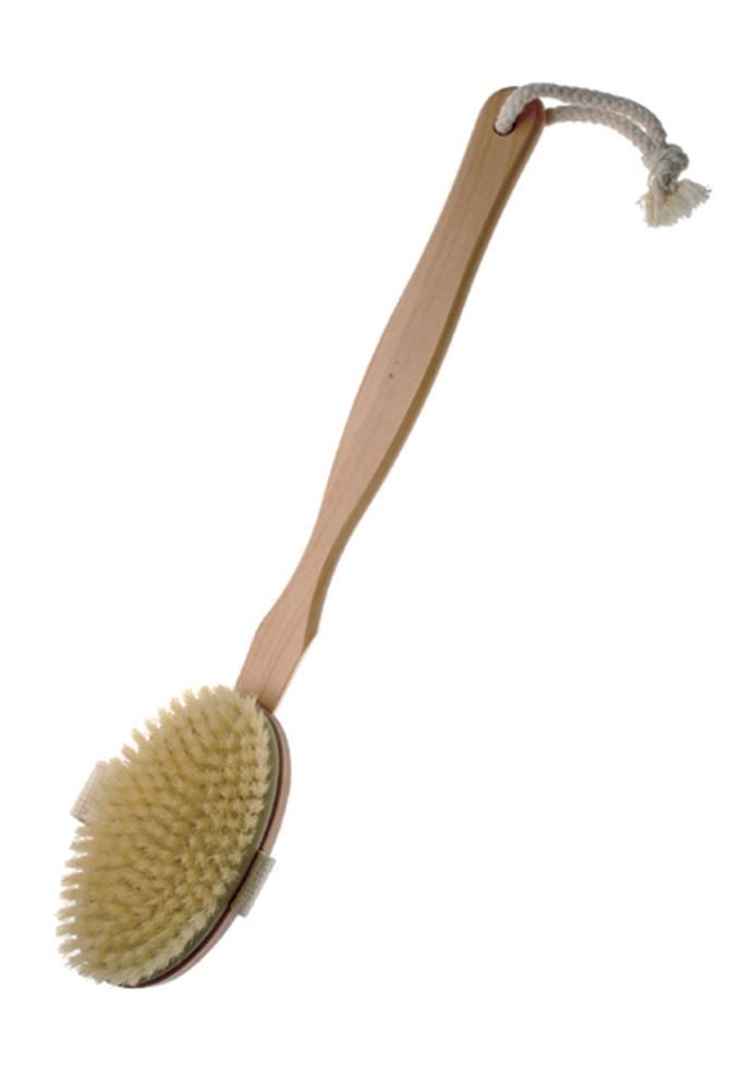 Manicare Wooden Bath Brush with natural bristles and detachable handle for gentle cleansing and exfoliation.