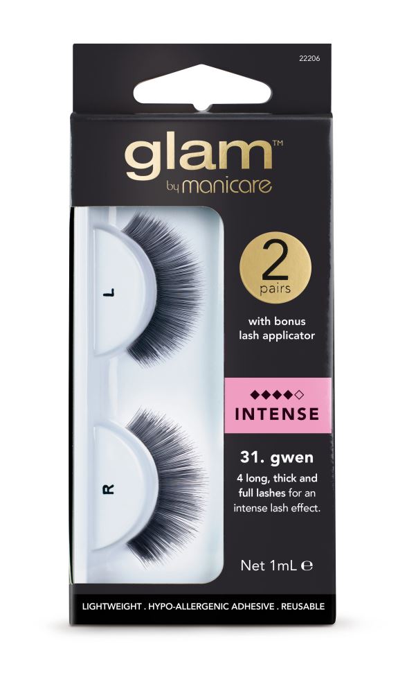 Extra long, wispy false eyelashes from Manicare, featuring textured layers for a dramatic, multi-dimensional look.