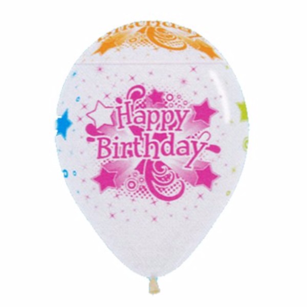 30cm clear and neon latex balloons with "Happy Birthday" print, ideal for vibrant party decorations, pack of 12.