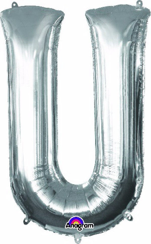 Silver letter U balloon, 83cm, self-sealing, suitable for helium or air, perfect for elegant celebrations and decor.