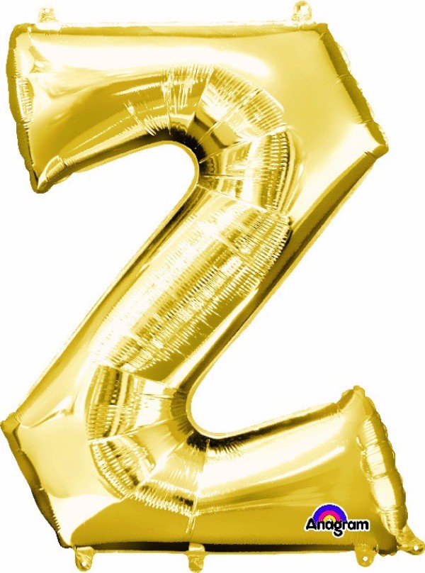 Gold Letter Z balloon, 83cm, self-sealing, perfect for elegant celebrations and versatile for air or helium filling.
