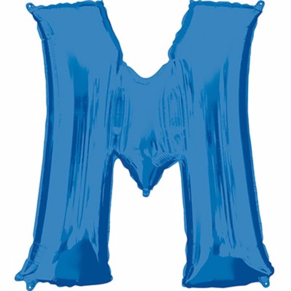 Large blue Letter M balloon (86cm), perfect for parties; self-sealing and helium saver for longer float time.