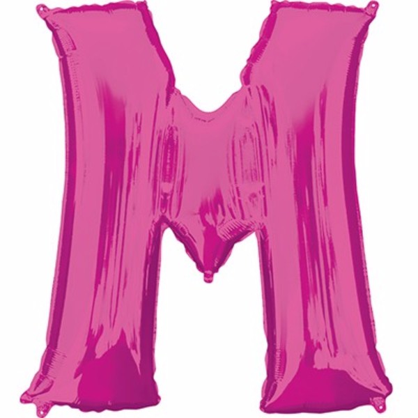 Bright pink Letter M balloon (86cm) with Helium Saver technology, perfect for parties and events, self-sealing, air or helium fill.