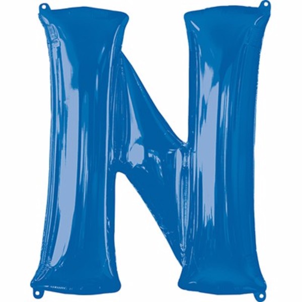 Vibrant blue Letter N balloon, 86cm, self-sealing, perfect for celebrations and decorations with helium-saving technology.