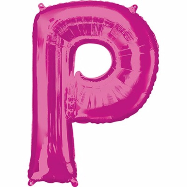 Large pink letter 'P' balloon, 86cm, self-sealing, perfect for parties and celebrations, can be filled with helium or air.