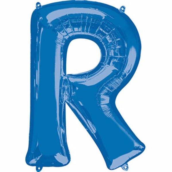 Large blue 'R' helium balloon, 86cm, perfect for celebrations and decor, self-sealing, air or helium fill option.