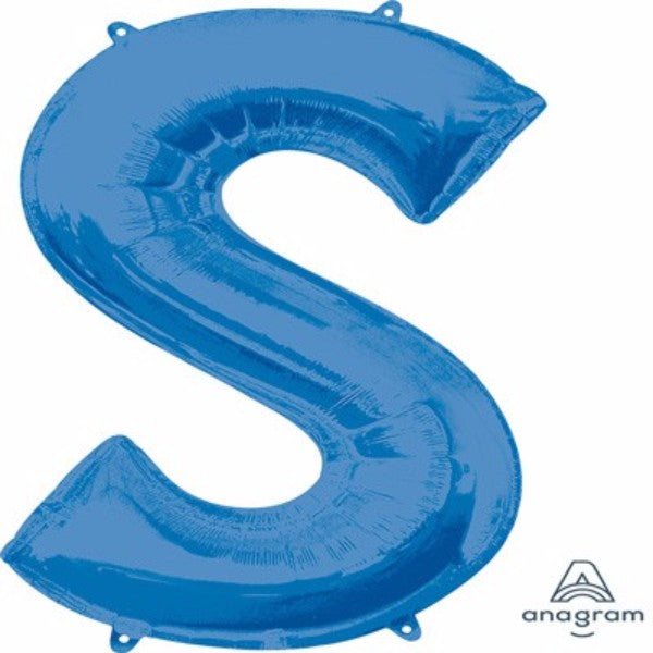 Bright blue 86cm letter S balloon, perfect for parties, with a self-sealing feature for easy inflation and long-lasting fun.