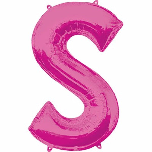 Pink Letter S balloon, 86cm, self-sealing and helium or air-fillable, perfect for celebrations and decorations.