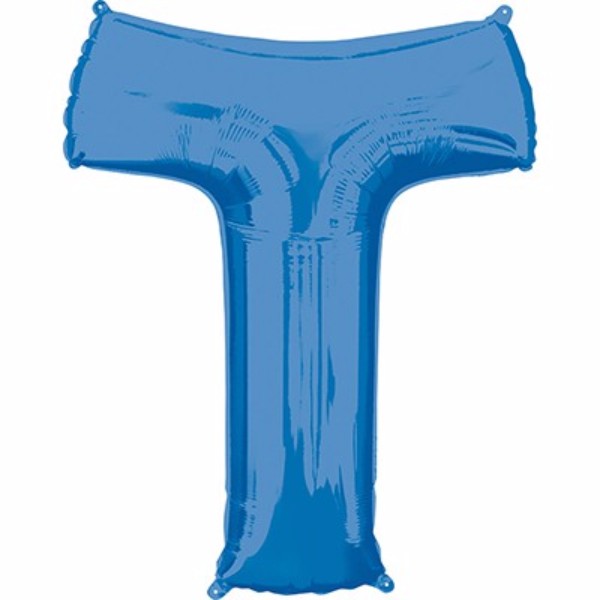 Bright blue 86cm Letter T helium balloon, self-sealing for celebrations, versatile for air or helium fill, perfect for events.