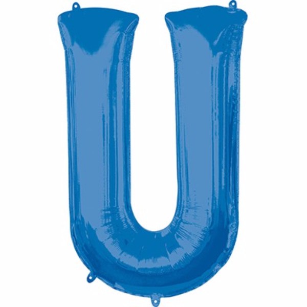 Vibrant blue 86cm self-sealing letter U balloon, perfect for festive decorations at parties and events.