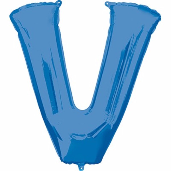 Vibrant blue Letter V balloon, 86 cm tall, self-sealing, ideal for celebrations and versatile decoration.