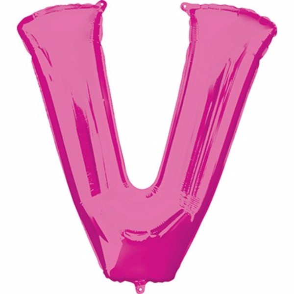 Vibrant 86cm pink Letter V helium saver balloon, perfect for birthdays and celebrations, easy to inflate, self-sealing.