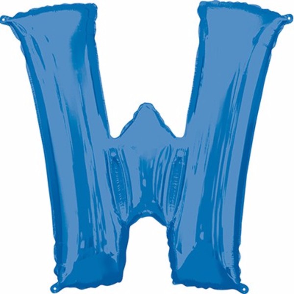 Vibrant blue Letter W balloon, 86cm, self-sealing, perfect for parties and celebrations, can be filled with helium or air.