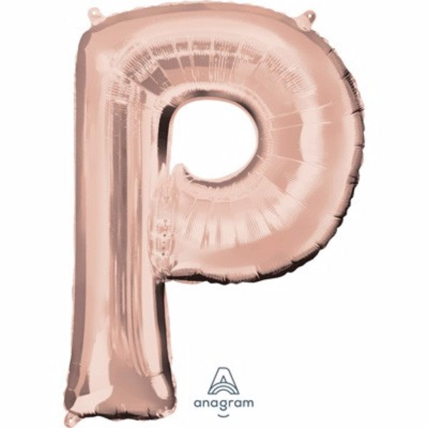 Rose gold Letter P balloon, 81cm, self-sealing, perfect for elegant parties and events, air or helium fill.