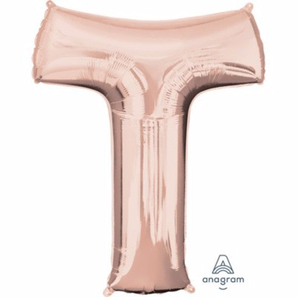 Letter T balloon in rose gold, 81cm, self-sealing, perfect for elegant celebrations and long-lasting helium display.