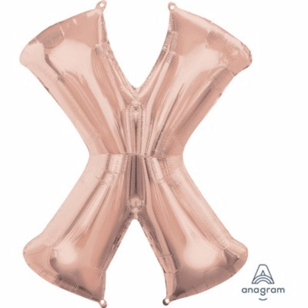 Rose gold Letter X helium saver balloon, 81cm, ideal for celebrations and versatile for helium or air filling.