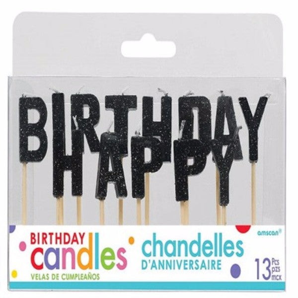 Black glittered birthday candle set of 13, measuring 2.5cm, perfect for elegant birthday cake decorations.