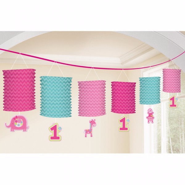 Colorful lantern garland for a girl's 1st birthday, 3.65m long, featuring whimsical designs perfect for themed celebrations.