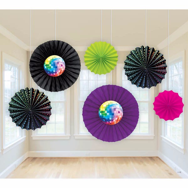 Colorful disco-themed paper fans in assorted sizes, perfect for parties, events, and photo booths. Pack of 6.