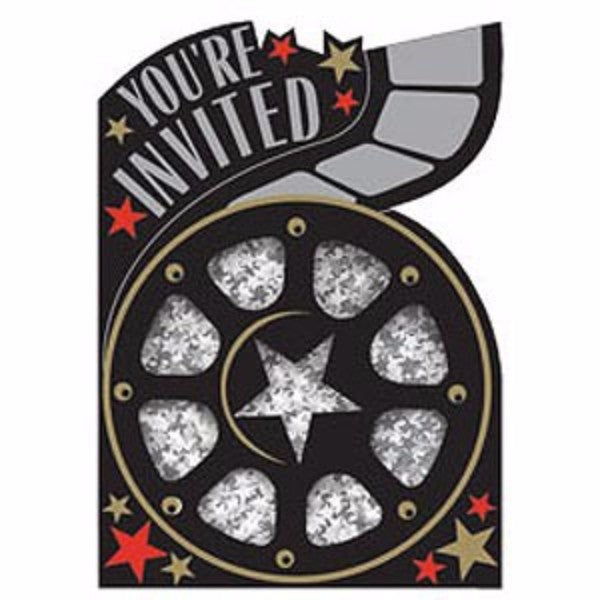 Glittery Hollywood-themed invitations with 8 matching envelopes, perfect for glamorous events and celebrations.