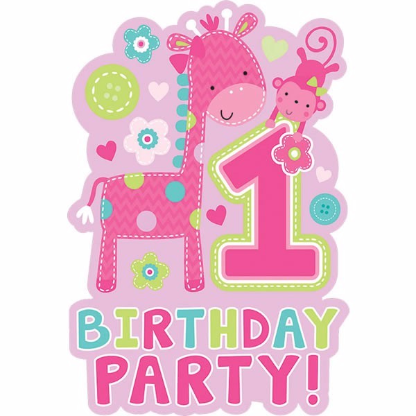 Colorful "One Wild Girl" 1st birthday invitations with pink envelopes and Save the Date stickers, pack of 8.