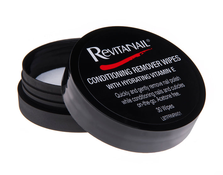 Revitanail Conditioning Remover Wipes for quick polish removal while nourishing and hydrating nails and cuticles on-the-go.