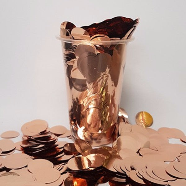 Rose gold metallic confetti circles, 2cm, perfect for elegant celebrations and party decor, 200g pack.