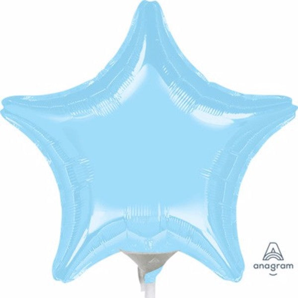 Pastel blue star-shaped foil balloon, 22cm, perfect for celebrations and party decor, requires air inflation.
