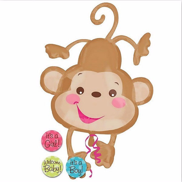 Fisher Price Baby Monkey foil balloon with 3 stickers, vibrant and fun centerpiece for children’s celebrations.