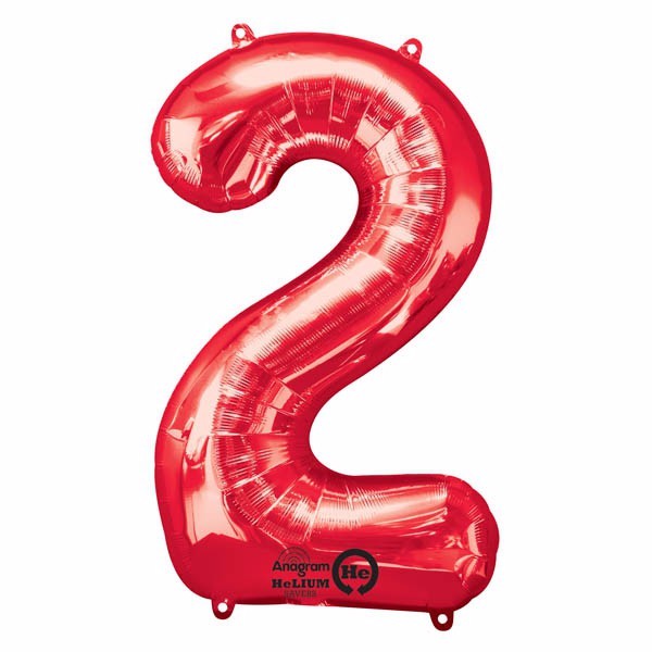 Bright red number two foil balloon (86cm) designed for air or helium, perfect for celebrations and milestone events.