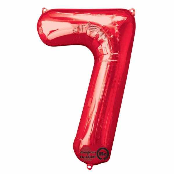 Vibrant red shape number seven foil balloon, 86cm high, perfect for celebrations and designed to stay inflated longer.