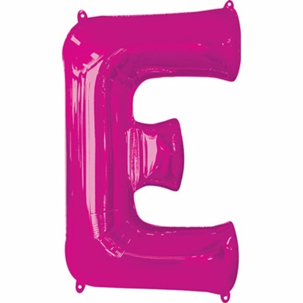 Pink letter E balloon, 86cm, self-sealing, perfect for parties and events, versatile for air or helium fill.