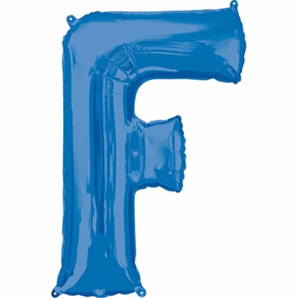Bright blue Letter F balloon, 86cm, self-sealing, air or helium fill, perfect for parties and special occasions.