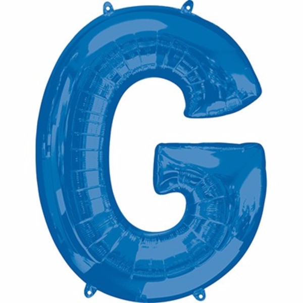 Letter G Blue 86cm helium balloon, self-sealing, ideal for parties, versatile for air or helium fill, durable and striking.