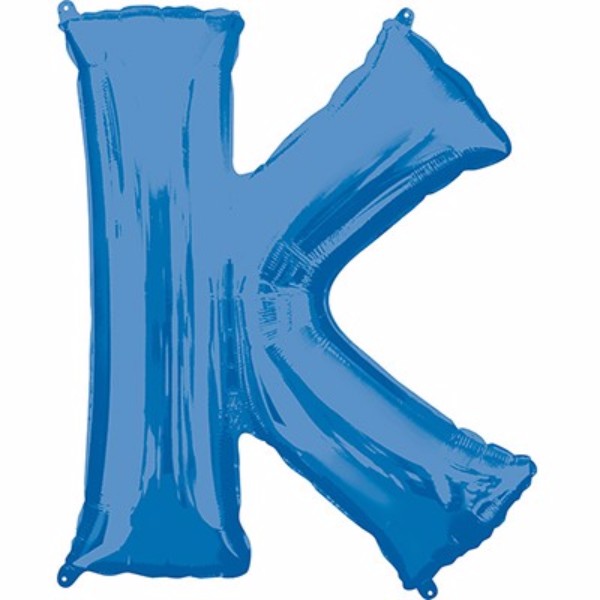Letter K blue 86cm helium saver balloon, perfect for celebrations, retains helium longer, easy to inflate, and self-sealing.
