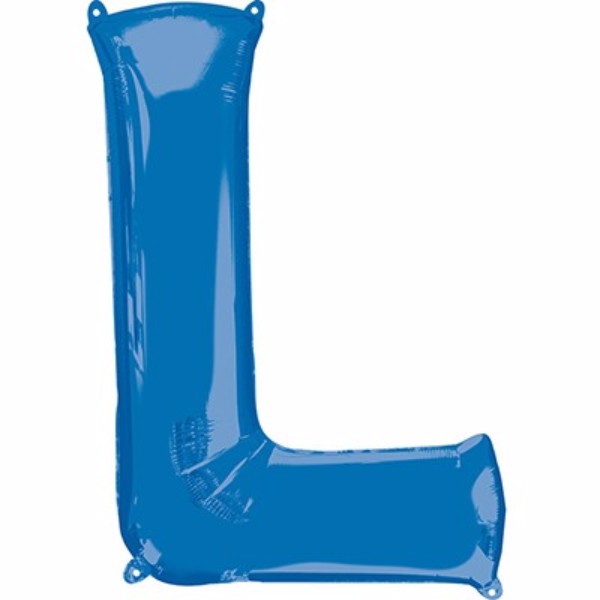 Vibrant blue Letter L balloon, 86cm, designed for helium and air filling, perfect for any celebration decor.