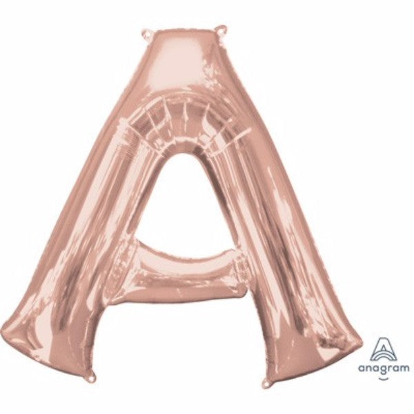 Rose gold 86cm Letter A helium saver balloon, ideal for elegant celebrations and versatile for helium or air filling.