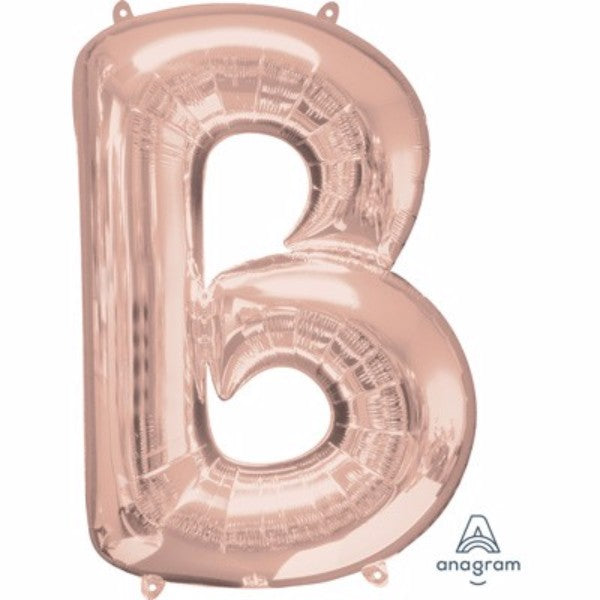 Rose gold Letter B balloon, 86cm, self-sealing, perfect for celebrations, air or helium fill, adds elegance to any event.