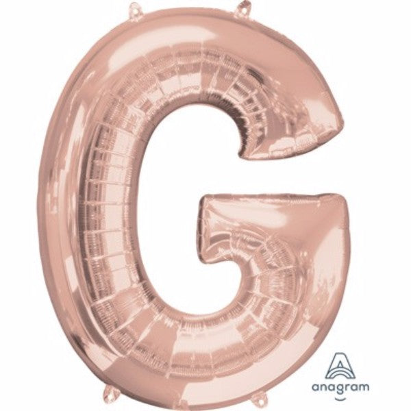 Rose gold Letter G balloon, 81cm, self-sealing, perfect for elegant decorations and events like birthdays and weddings.