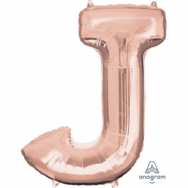Rose gold letter J balloon, 81cm, versatile for air or helium, ideal for elegant celebrations and party decorations.