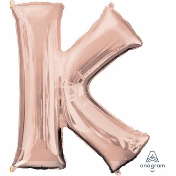 Rose gold Letter K balloon, 81cm, self-sealing, perfect for celebrations, versatile for air or helium filling.