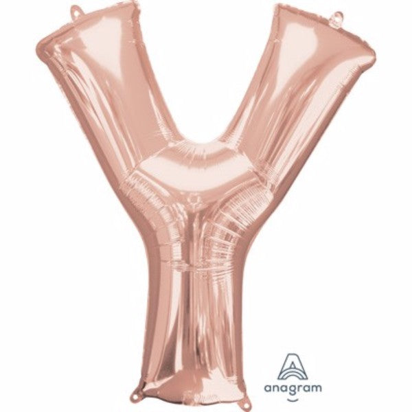 Letter Y balloon in rose gold, 81cm, ideal for celebrations, self-sealing, versatile for helium or air, adds elegance to decor.
